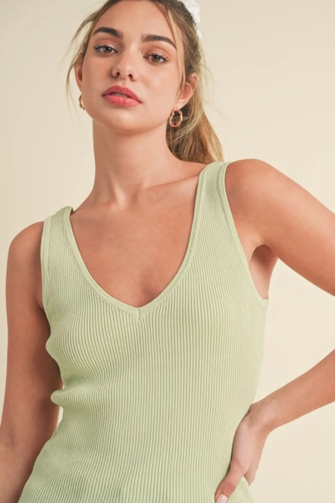 Wide Strap Knit Tank in Sage