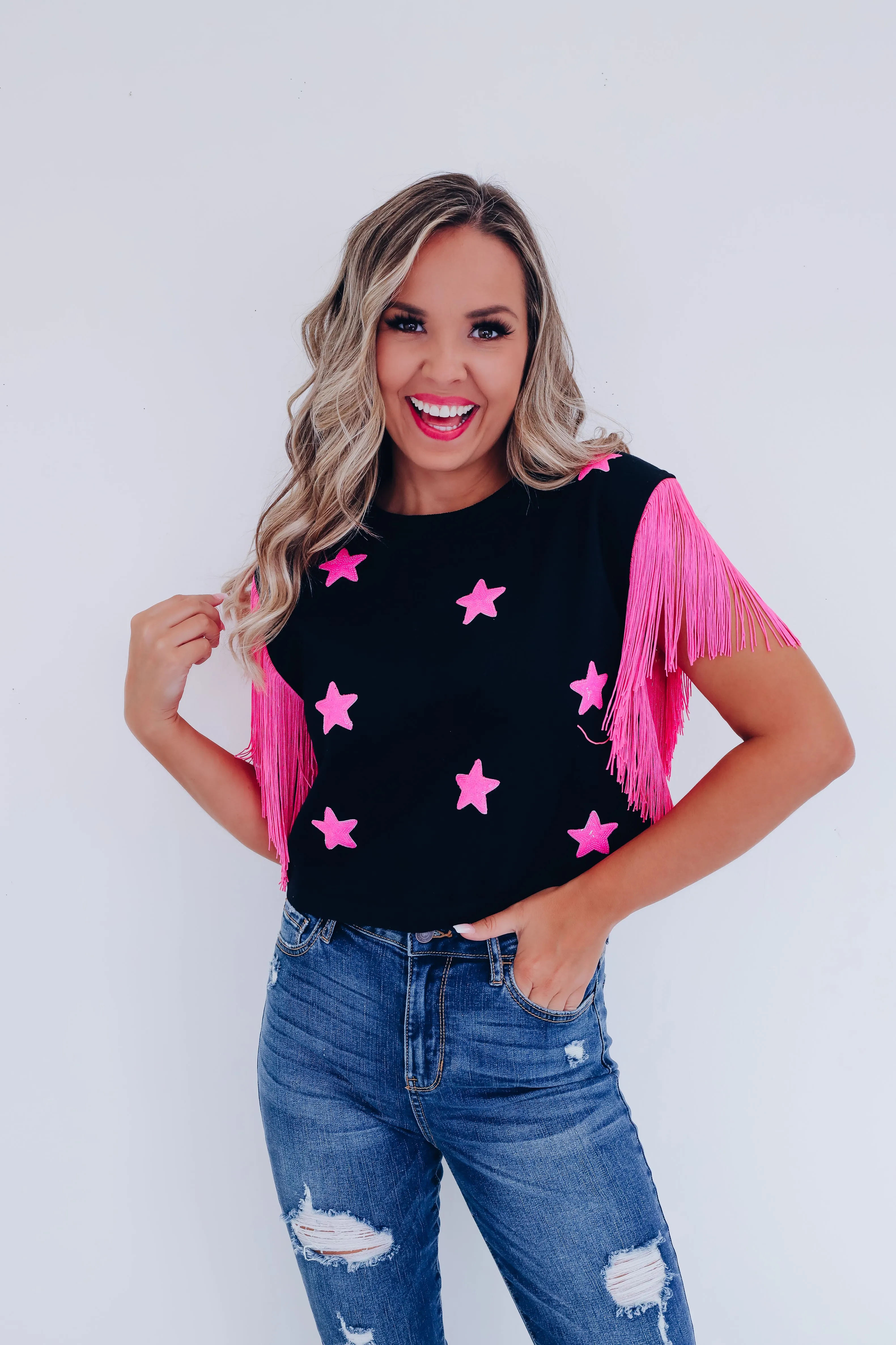 Wild Side Sequin Star Crop Top - Pink