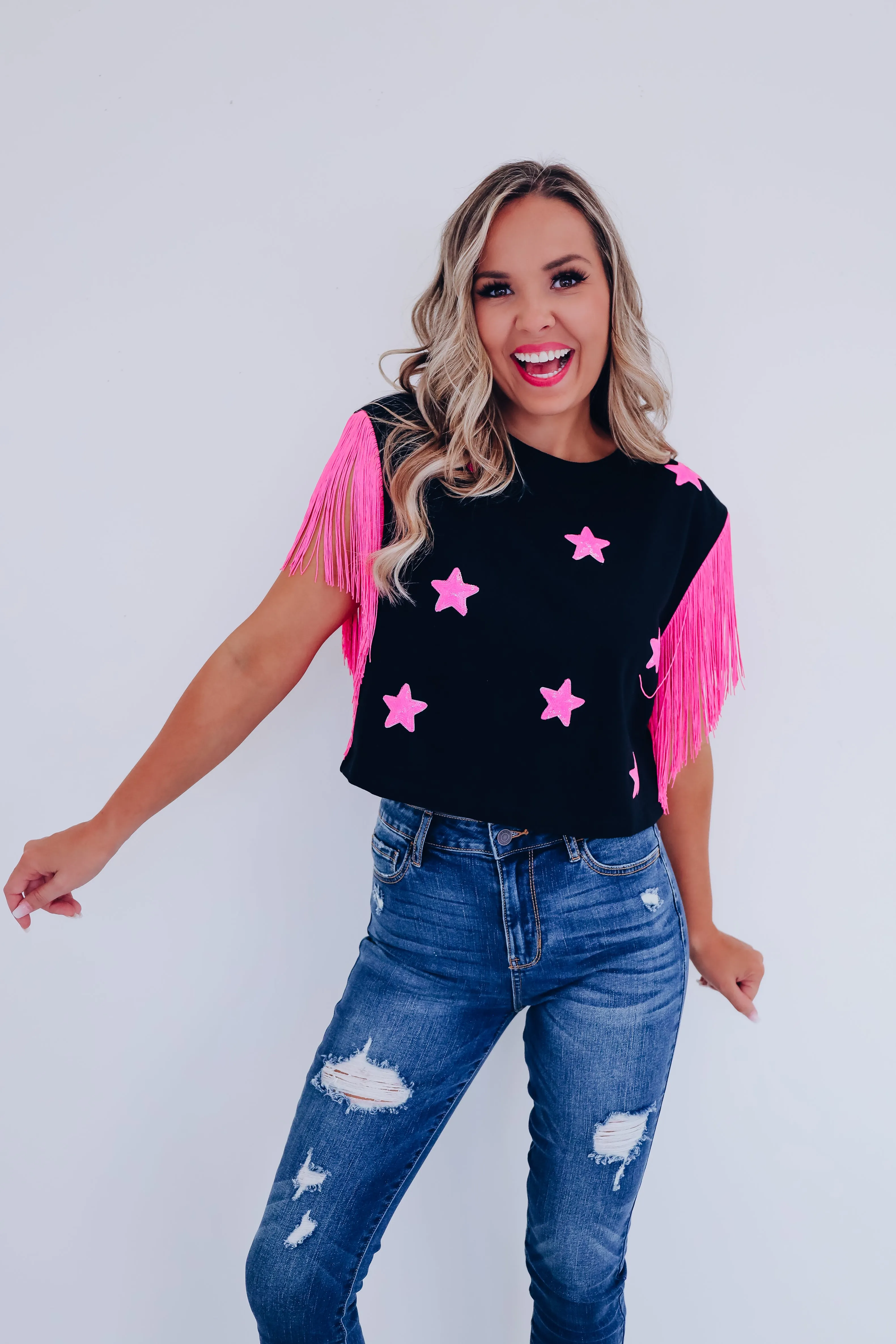 Wild Side Sequin Star Crop Top - Pink