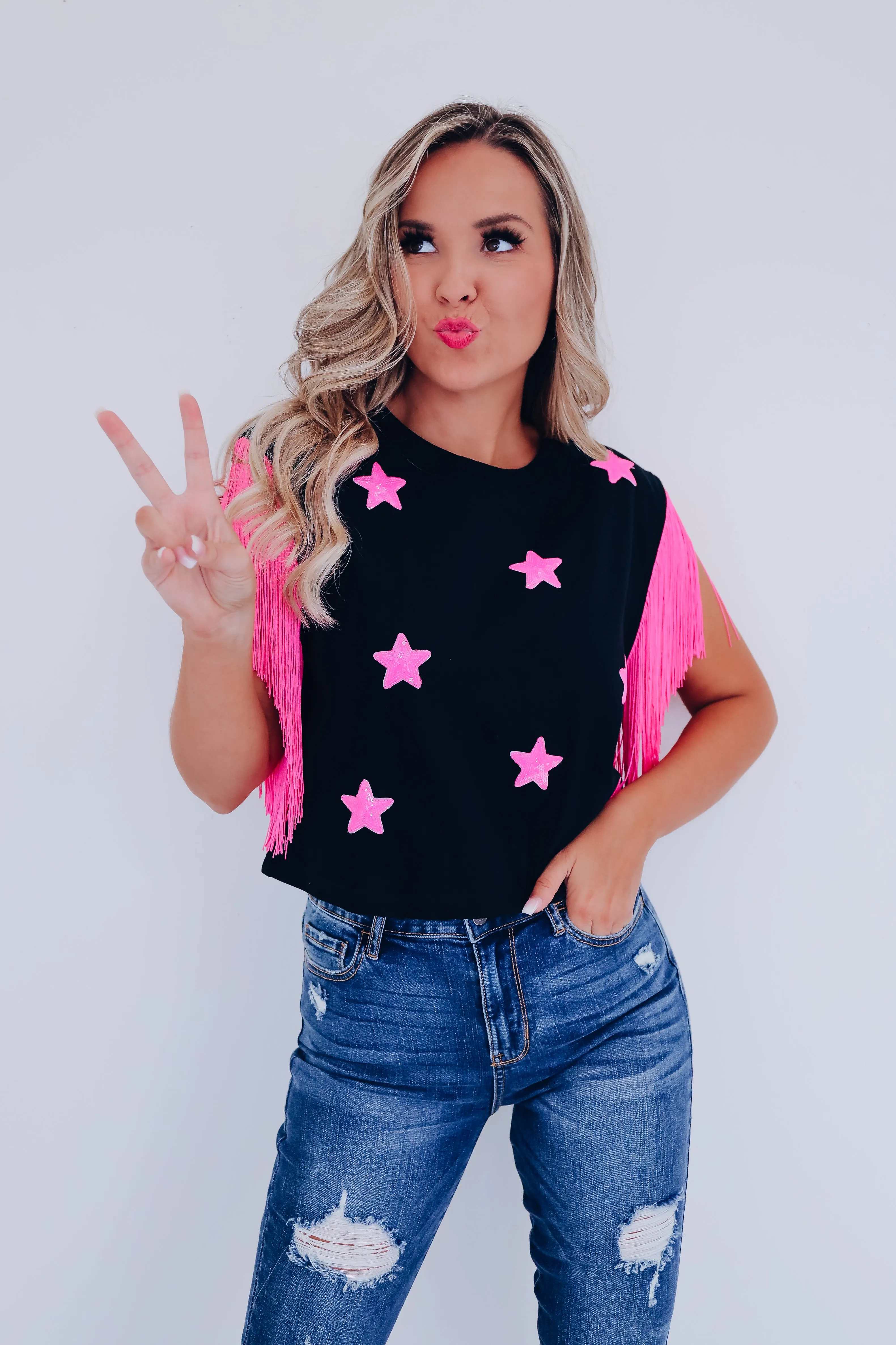 Wild Side Sequin Star Crop Top - Pink