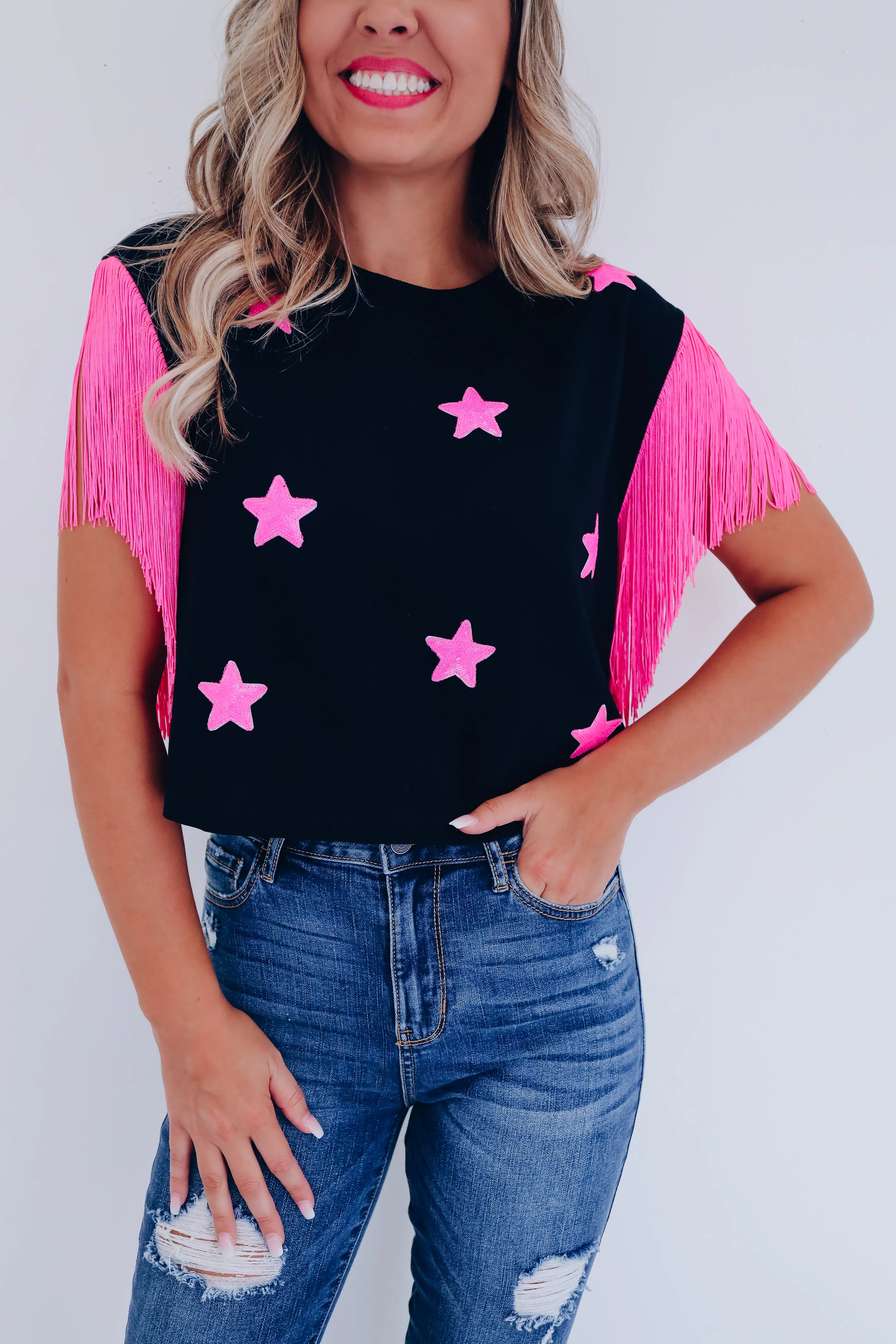 Wild Side Sequin Star Crop Top - Pink