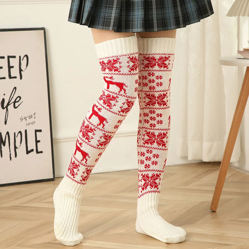 Women Long Socks Christmas Women Knitted Cotton Woolen Stocking Warm Thigh High Over The Knee Cute Deer Printing Socks Twist Cable Crochet