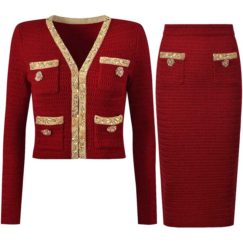 Women Pocket Knitted Cardigan Jacket   Long Skirt Two Pieces Skirt Suit