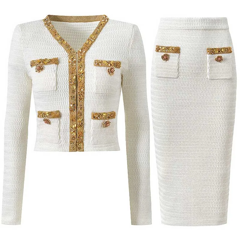 Women Pocket Knitted Cardigan Jacket   Long Skirt Two Pieces Skirt Suit