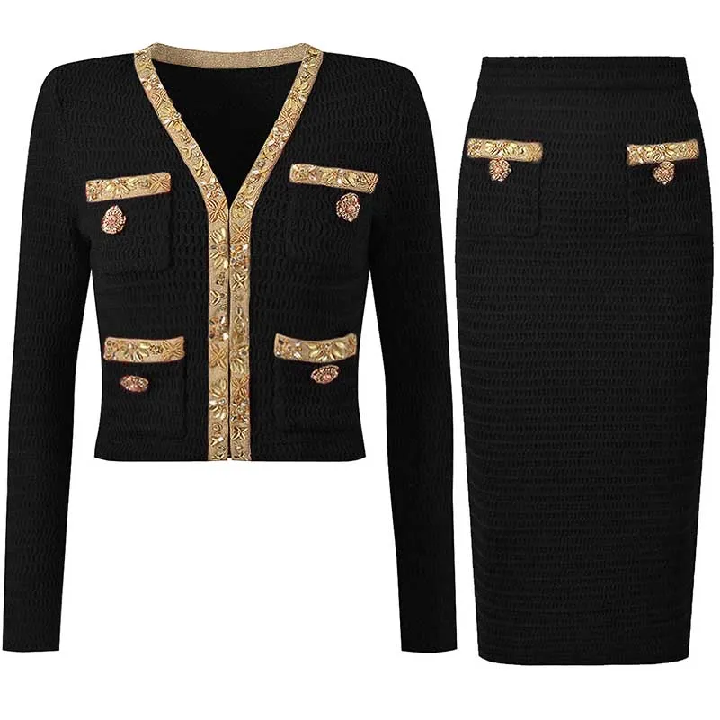 Women Pocket Knitted Cardigan Jacket   Long Skirt Two Pieces Skirt Suit