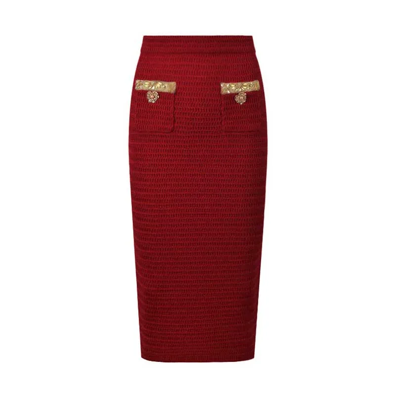 Women Pocket Knitted Cardigan Jacket   Long Skirt Two Pieces Skirt Suit