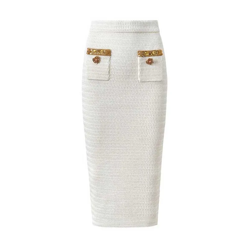 Women Pocket Knitted Cardigan Jacket   Long Skirt Two Pieces Skirt Suit