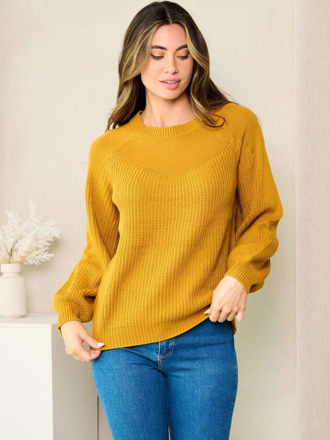 WOMEN'S LONG BALLON SLEEVE SOLID KNIT SWEATER