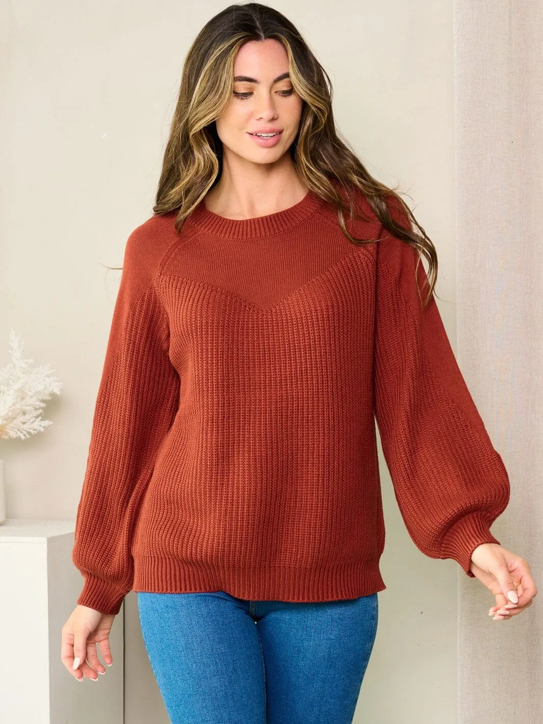 WOMEN'S LONG BALLON SLEEVE SOLID KNIT SWEATER