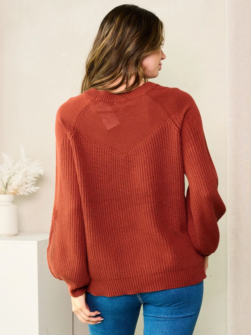 WOMEN'S LONG BALLON SLEEVE SOLID KNIT SWEATER