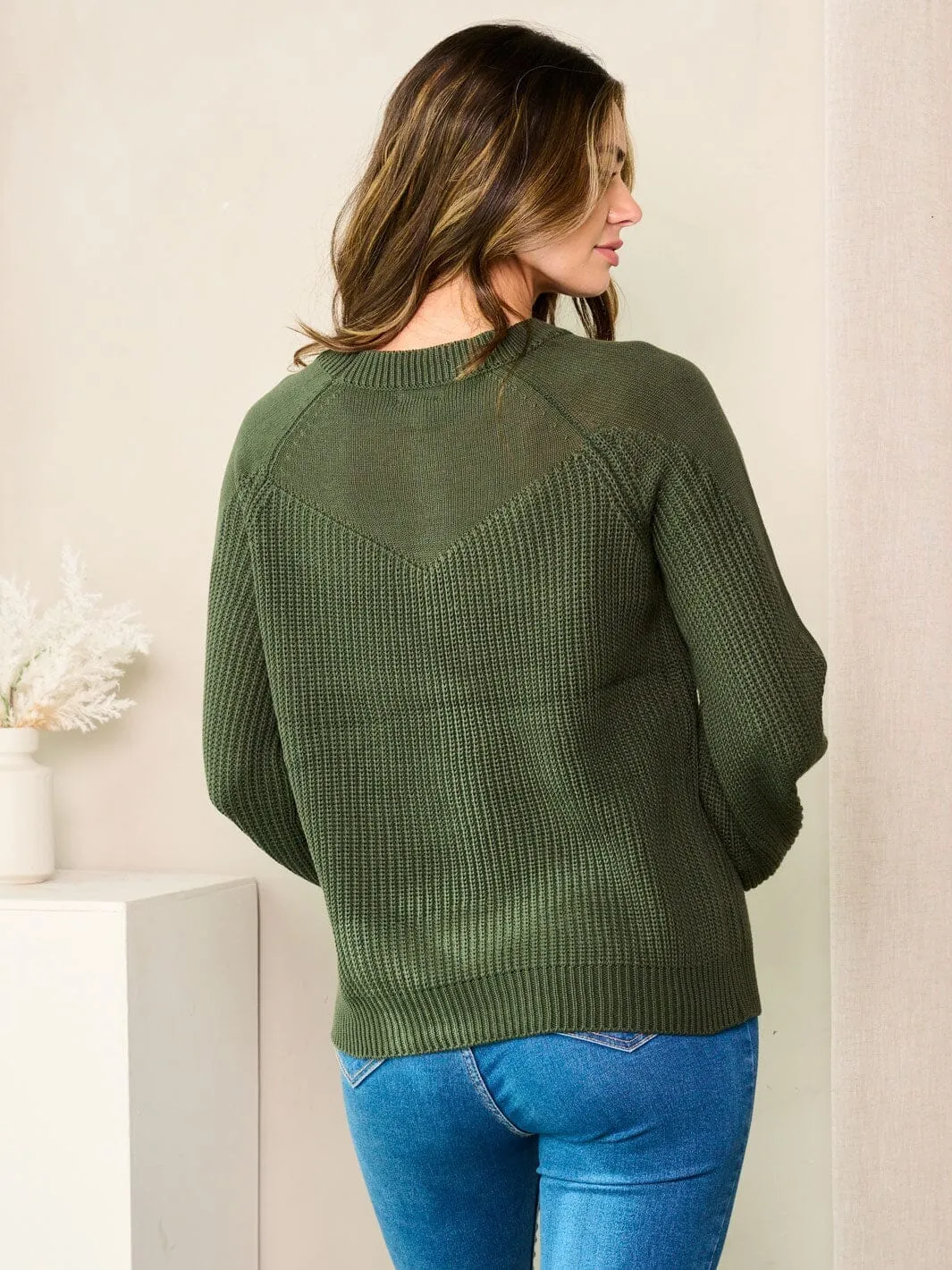 WOMEN'S LONG BALLON SLEEVE SOLID KNIT SWEATER