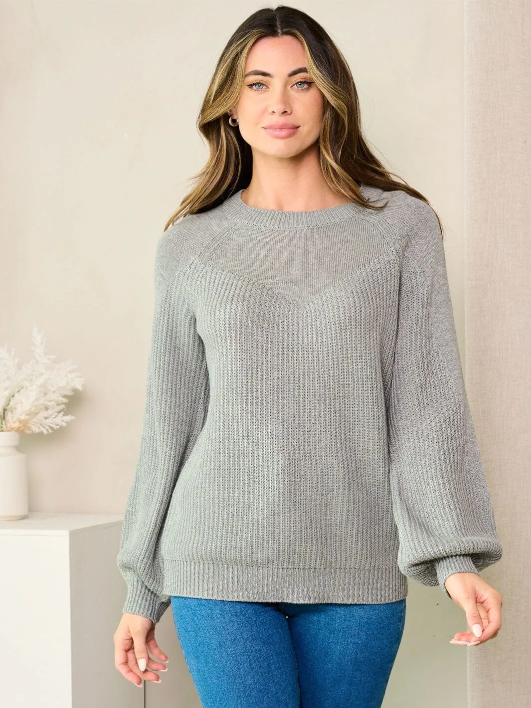 WOMEN'S LONG BALLON SLEEVE SOLID KNIT SWEATER