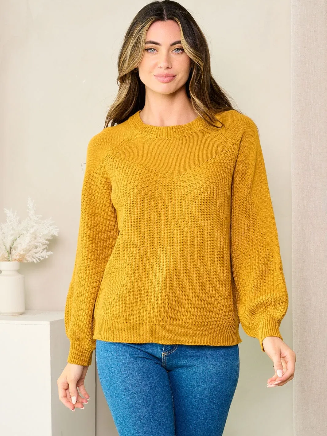 WOMEN'S LONG BALLON SLEEVE SOLID KNIT SWEATER