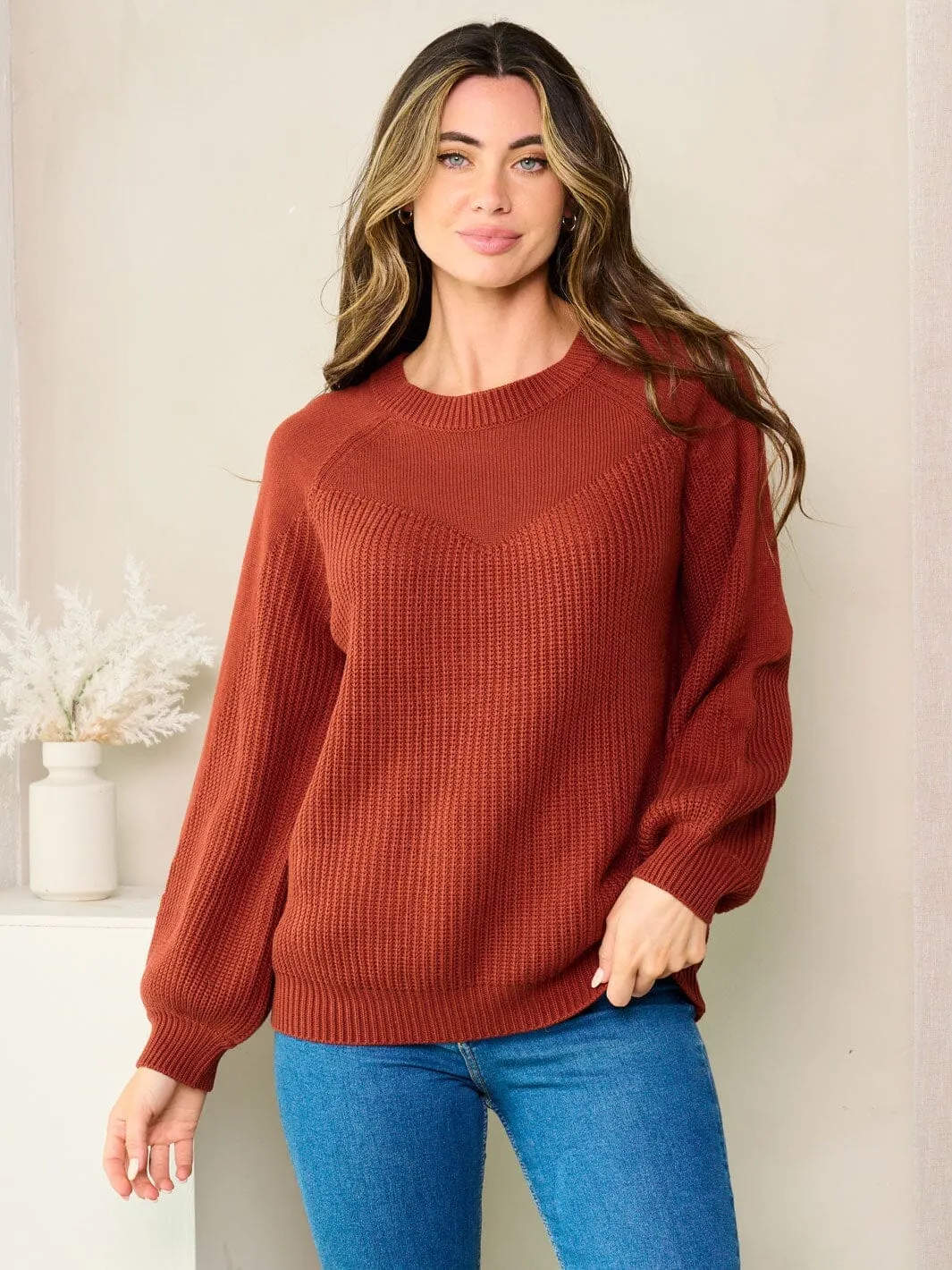 WOMEN'S LONG BALLON SLEEVE SOLID KNIT SWEATER
