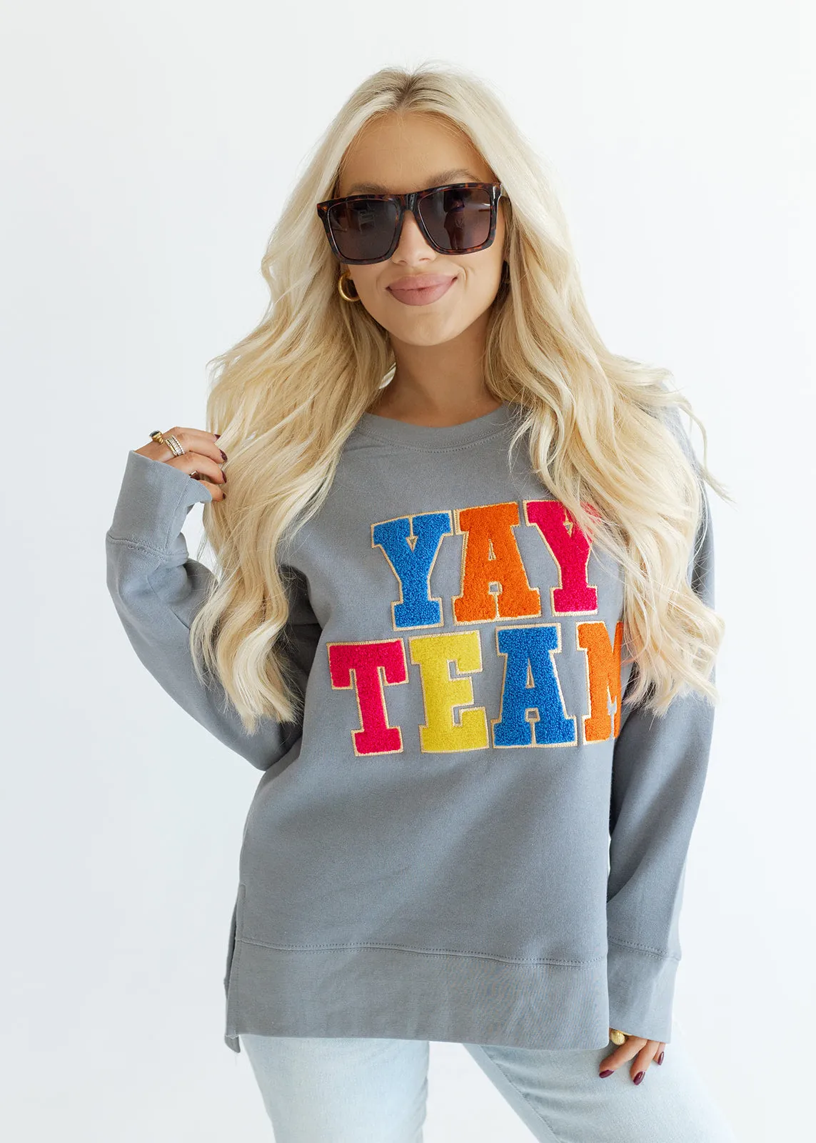 Yay Team Chenille Patch Grey Sweatshirt