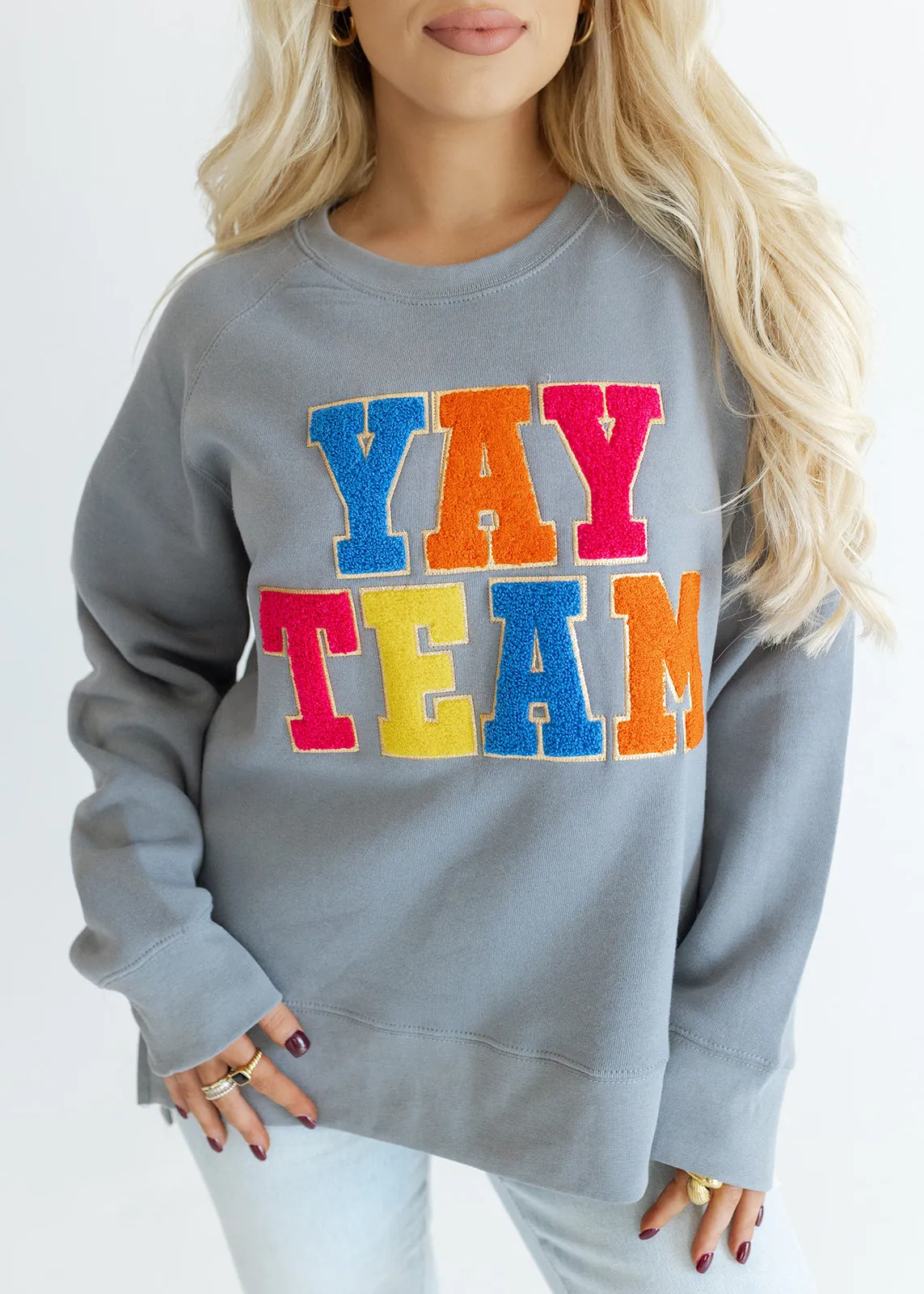 Yay Team Chenille Patch Grey Sweatshirt