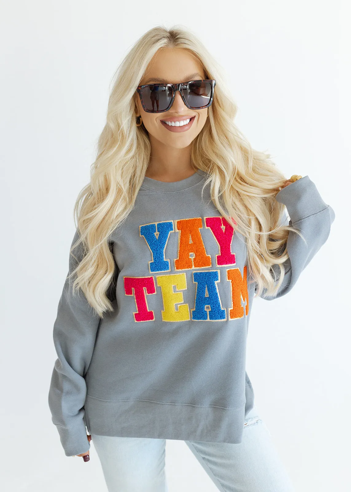 Yay Team Chenille Patch Grey Sweatshirt
