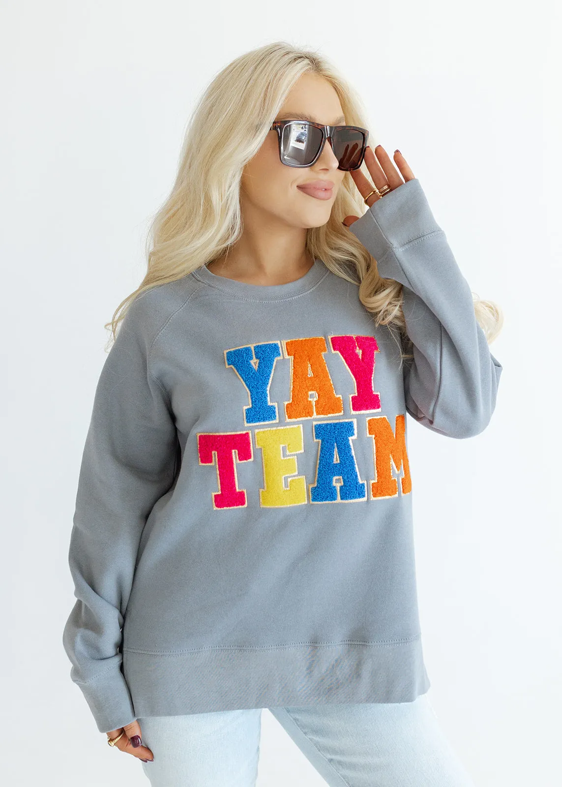 Yay Team Chenille Patch Grey Sweatshirt