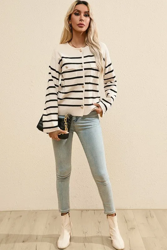 YNIQUE Black Stripe Flap Pocket Buttoned Cardigan Sweater