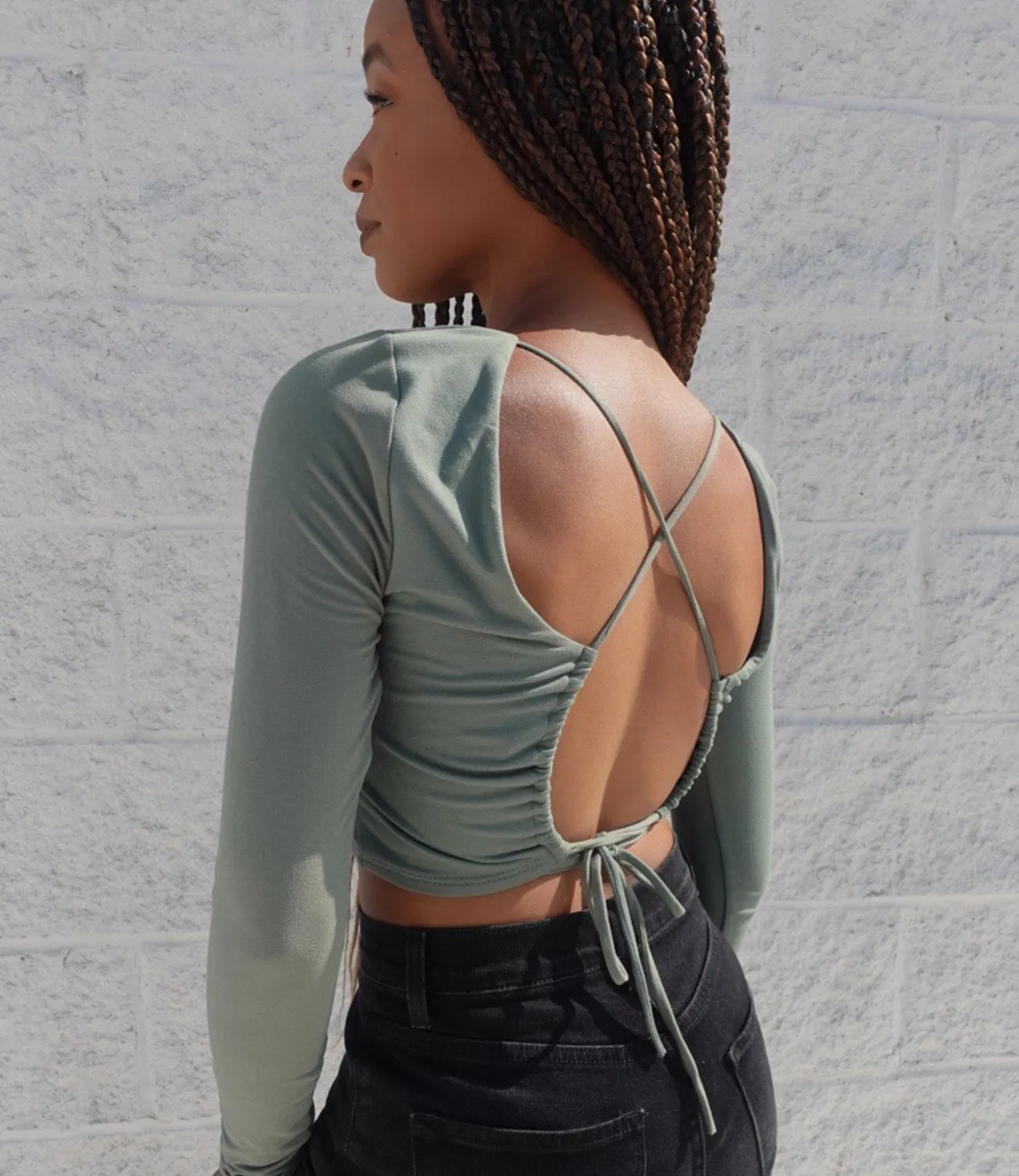 Zoey Zig Zag Backless Long Sleeve Top(Olive)