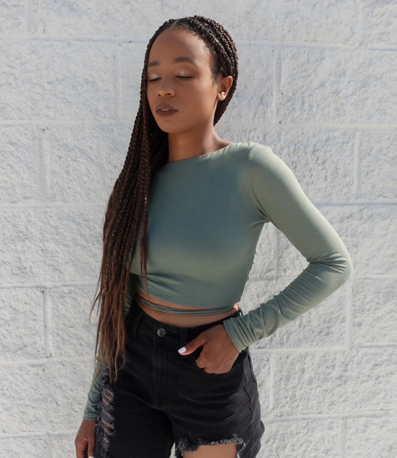 Zoey Zig Zag Backless Long Sleeve Top(Olive)